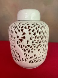 Vintage Mid Century Chinese Blanc De Chine Pierced White Ceramic Jar