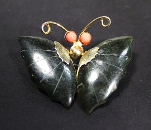 VINTAGE GOLD TONE JADE AND CORAL BUTTERFLY BROOCH