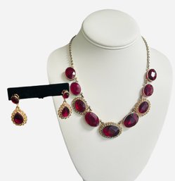 1980's -90's Crown Trifari Red Glass Encircled Rhinestone  18' Necklace  &  Pierced 1/5' Teardrop Earring Set