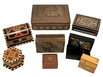 Collection Of Boxes From Around The World- Wooden Carved, Mother Of Pearl Inlay & Enamel. Please See Photos