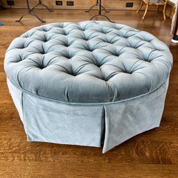 A Blue Velvet Round Tufted Ottoman - As Is