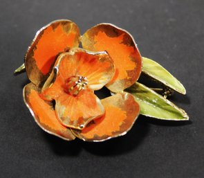 VINTAGE 1960S GOLD TONE PAINTED RED FLOWER BROOCH