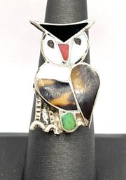 Vintage Zuni Sterling Silver Multi Stone Inlay Large Owl Ring, Size 7