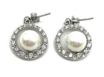 Vintage Sterling Silver Pearl Style And Clear Stone Earrings