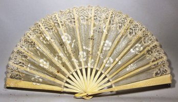 Antique Victorian Embroidered Lace Ladies Fan W Flowers Bone Frame