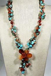 Fine Contemporary Genuine Turquoise And Striped Agate Beaded Necklace Flower Pendant