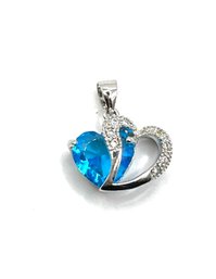 Beautiful Sterling Silver Topaz Blue Color Stone With Clear Stones Double Heart Pendant