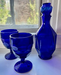 Vintage Cobalt Blue Glass Decanter & Two Goblets