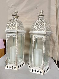 Pair Of Two Graceful Distressed White Large Lantern Made In China. KD - D5