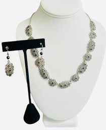 1980's 90's Crown Trifari Silver Tone Marcasite Black Rhinestone 18' Necklace & 1.5' Pierced Earring Set