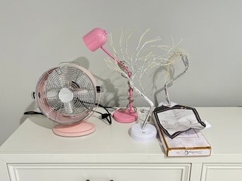 Pink Fan, Pink Desk Light, And 2 LED Fairy Trees