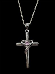 Sterling Silver Dainty Chain With Silver Cross Pendant And Clear And Pink Gemstone Accent