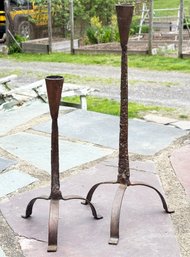 A Pair Of Rustic Wrought Iron Candlesticks, Colonial Style