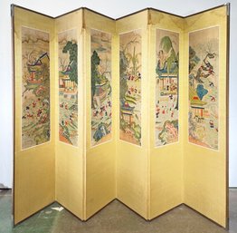 An Antique Chinese Screen - Prints Mounted On Silk