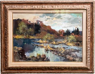 A Vintage Abstract Oil On Canvas Landscape, 20th Century, Signed Indistinctly On Lower Left