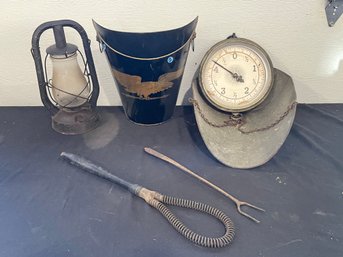 VINTAGE SCALE, GARBAGE CAN, LANTERN, AND CARPET BEATER
