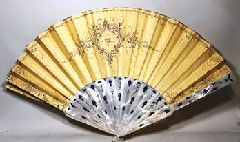 Antique French Ladies Fan Mother Of Pearl Body W Hand Painted Silk