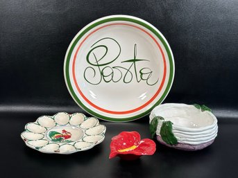 A Grouping Of Compatible Vintage & Contemporary Ceramics: Pasta Bowl, Deviled Egg Platter & More