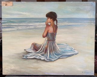 Oil On Canvas Of Girl Sitting On Beach Signed A. Doumier