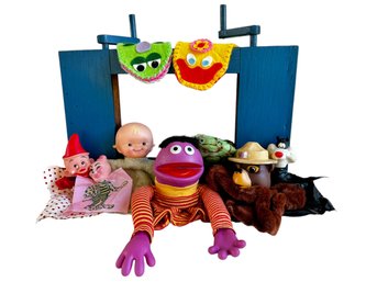 Vintage Hand Crafted Puppet Theatre And Assorted Hand Puppets