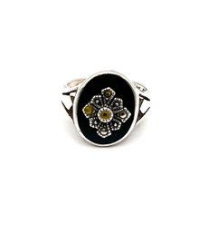 Vintage Sterling Silver Onyx Color With Marcasite Flower Ring, Size 6.5