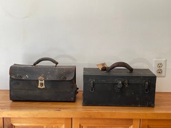 Lot Of Two Antique Tool Boxes With Tools Leather And Metal With Leather Handle