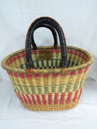 African Hand Woven Raffia Basket Shopping Bag With Leather Handles