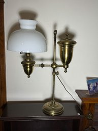 A 19TH CENTURY BRASS STUDENT LAMP W/ MILK GLASS SHADE