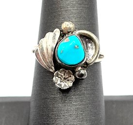 Vintage Native American Singed VEP Sterling Silver Turquoise Ring, Size 6.5