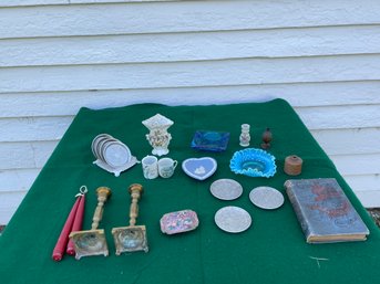 Group Of Antiques Including Brass Candlesticks, Wedgewood, And More