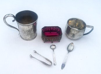 Sterling Lot W Two Inscribed Cups From Bigelow Bros & Kennard (1 Marked Pure Coin 1855), Harvard Spoon & More