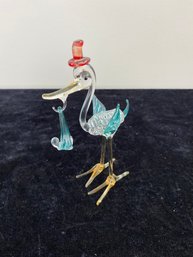 Blown Glass Stork With Baby