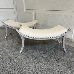 A Pair Of Antique Regency Benches - Reupholstered In Linen - Original Paint