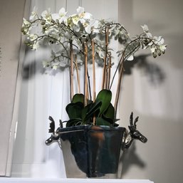 Incredible Large Cast Metal Planter With Moose Antler / Heads With Large Faux Plant - Amazing Looking Piece !