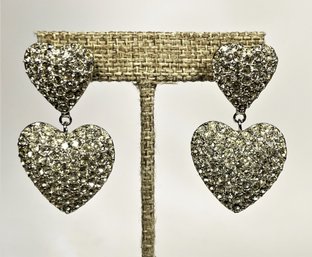 Vintage Silver Tone Heart Shaped Clip Earrings Pendants In Heart Form White Rhinestones