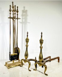 A Set Of Vintage Solid Brass Fireplace Tools And Andirons