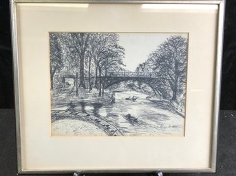 L. Bogash 1957 Framed Art Of A River Bridge Scene