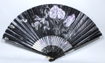 Late Victorian Painted Chintz And Wood Ladies Fan W White Flowers