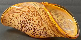 Vintage Art Glass Folded Bowl - White Cristal Murano - Italy - Leopard Spotted - Amber - 5.5 H X 13.5 X 6.5