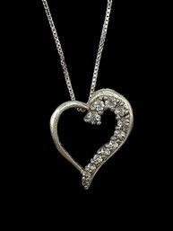 Sterling Silver Box Chain With Uneven Heart Pendant And Clear Gemstone Accent