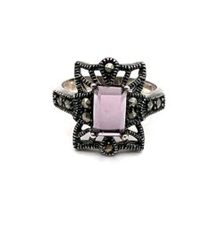 Gorgeous Vintage Sterling Silver Amethyst Color Stone Marcasite Ring, Size 7