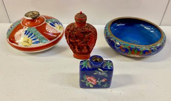 Chinese Pottery Low Jar, Enamel On Brass Dish, Chinese Snuff Bottles (4)