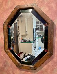 Vintage Stained Glass Accent Mirror In Wooden Frame Signed