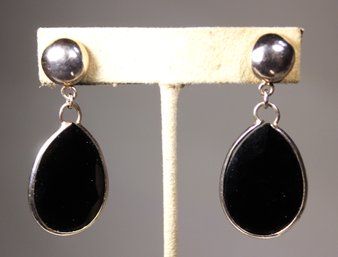 FINE STERLING SILVER AND BLACK ONYX PEAR SHAPED DANGLE PIERCED EARRINGS