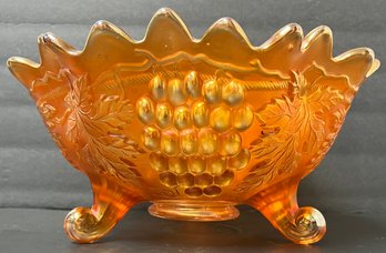 Vintage Carnival Glass - Northwood Footed Ruffled Fruit Bowl - Grape & Cable - Marigold - 10.5 Dia X 5 1/8 H