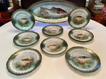 Carl Tielsch & Co. Hand Painted Fish Platter With Eleven Coordinating Plates, Made In Germay