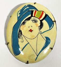1930s Portrait Brooch In Brass Frame Fashionable Woman In Large Hat