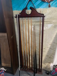 Antique Pool Billiards Cue Rack With Cues