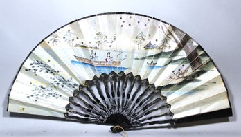 Vintage Japanese Decorated Paper And Wood Ladies Fan