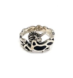 Vintage Southwestern WM Wheeler Designer Sterling Silver Onyx Color Inlay Unicorn Ring, Size 5.5